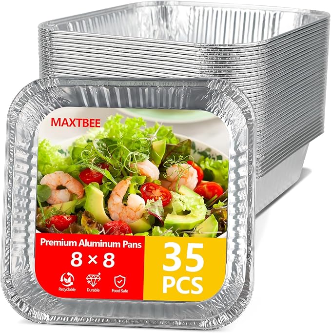 8x8 Aluminum Foil Pans, 35 Pack Disposable Trays Half Size Heavy Duty Tin Pans Deep Food Containers For Cooking, Meal Prep, Baking, Roasting, Chafing, Heating or Steam Table