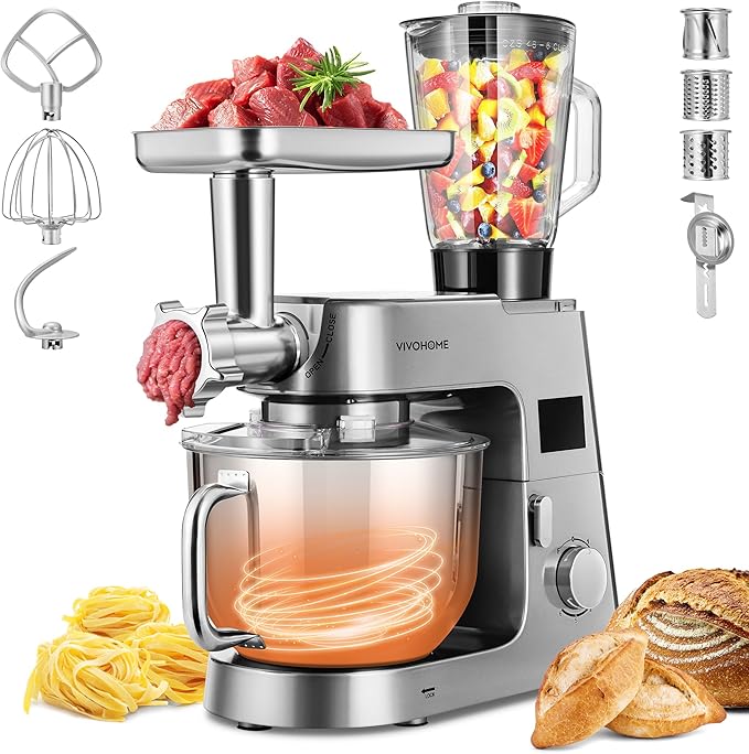 VIVOHOME 9 in 1 Multifunctional Stand Mixer with Fermentation, 6 Speed 7.5 Quart Kitchen Electric Food Mixer with Timer, Meat Grinder, Juice Blender, Vegetable Slicer, Pasta and Cookie Maker, Silver