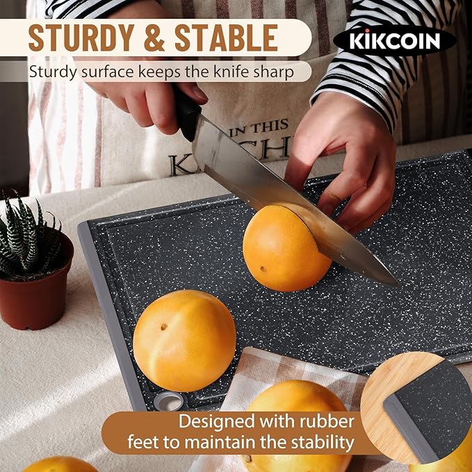 Kikcoin Plastic Cutting Boards for Kitchen, 3-Piece Large Cutting Board Set Dishwasher Safe Chopping Boards with Non-slip Feet and Juice Grooves, Light Gray