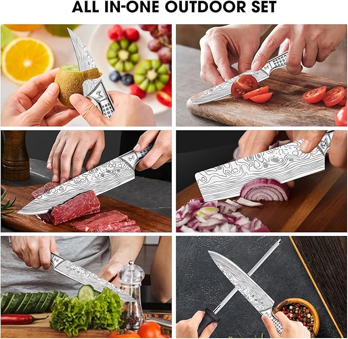 MOSFiATA Kitchen Knife Set, 10 Pcs Japanese Stainless Steel Knife Sets for Kitchen with Oxford cloth storage bag with Knife Sharpening Rod, Dishwasher Safe, For Outdoor