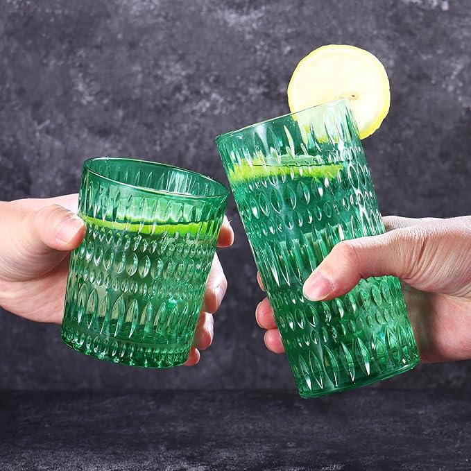 Loivttvv Glassware Drinking Glasses Set of 8, 14 oz Highball Glasses & 10 oz Ribbed Glass Cups, Vintage Glassware for Water, Juice, Cocktail, Whiskey (Atroviens)