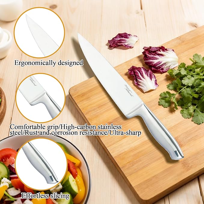 Marco Almond® Knife Block Set, KYA26 Knife Set with Block, 14 Pieces Stainless Steel Chef Kitchen Knives with Built-in Sharpener