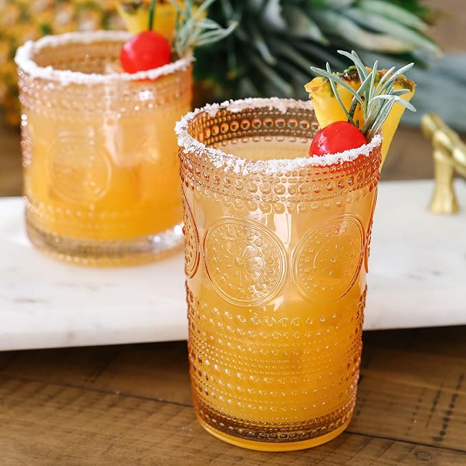 Hobnail Beaded Floral Rose Gold Drinking Glasses Set of 6, (13 oz) Vintage Glassware Set by Kate Aspen| Cocktail Glass Set, Juice Glass, Water Cups | Great Hostess Gift & Gift for New Home Owners