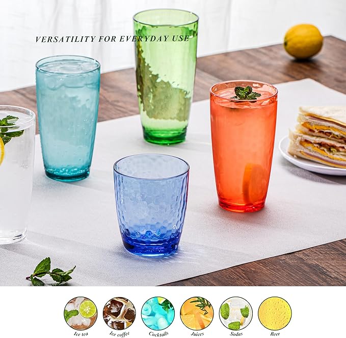 26oz Colorful Acrylic Glasses Drinkware (Set of 8), Hammered Design Shatter-Proof Plastic Cups, Reusable Plastic Drinking Tumblers, Stackable, BPA-Free, Dishwasher-Safe…