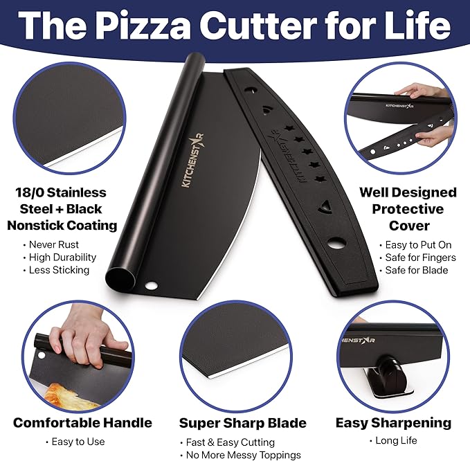 KitchenStar 18-Inch Pizza Cutter Rocker Blade - Sharp Stainless Steel Slicer Knife, Protective Cover, Black, Extra Large - Commercial Pizza Oven Accessories