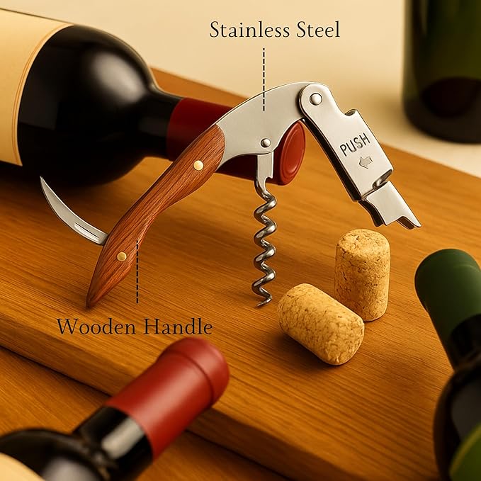 Professional Waiter’s Corkscrew – Double-Hinged Wine Opener with Wooden Handle & Leather Case, Durable Stainless Steel Wine Key for Bar, Restaurant & Home