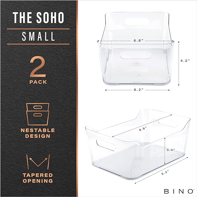 BINO | Plastic Storage Bins, Small - 2 Pack, Clear | THE SOHO COLLECTION | Pantry Organizers and Storage Containers Fridge Organizer Bins Kitchen Cabinet Organizer Medicine Cabinet Bin