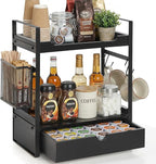 Coffee Station Organizer Countertop, Wooden Coffee Bar Accessories Organizer with Basket, 2 Mug Holder Hooks and Pod Drawer, Multifunctional 2 Tier Countertop Organizer for Kitchen, Bathroom, Office