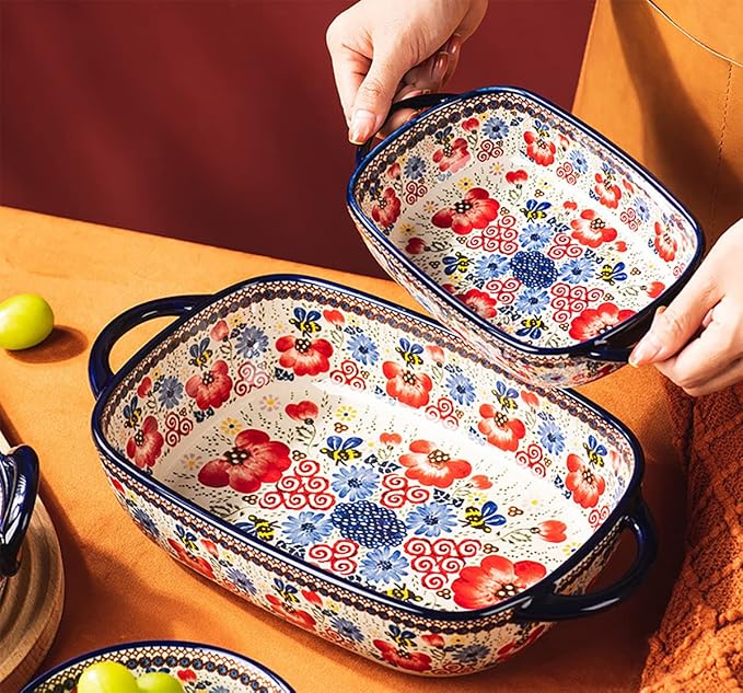 Vintage Flowers Style Ceramic Bakeware Casserole Dish Baking Pan Lasagna Pans Baking Dish with Handles for Oven/Cooking/Kitchen-1 PCS-Red Flowers-60 OZ