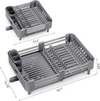 Urackify Stainless Steel Dish Drying Rack - Dish Drainer for Kitchen Counter, Extendable Drainboard with Foldable, Space-Saving Cup & Bowl Organizer, Includes Knife and Utensil Holder, Gray
