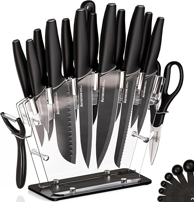 Astercook Knife Set with Block and Sharpener, 22 Piece Kitchen Knife Set Dishwasher Safe, Space-Saving Clear Knife Block with Knives for Everyday Home Cooking Black