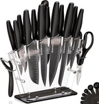 Astercook Knife Set with Block and Sharpener, 22 Piece Kitchen Knife Set Dishwasher Safe, Space-Saving Clear Knife Block with Knives for Everyday Home Cooking Black