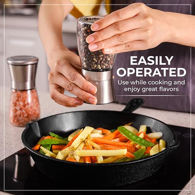 Salt and Pepper Grinder Set – Manual Salt Grinder and Pepper Mill for Black Pepper, Sea Salt – Refillable, Easy-to-Use Salt & Pepper Mill Set