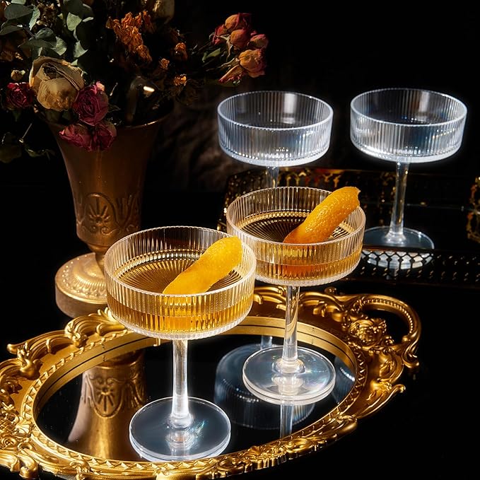 Khen Vintage Art Deco Shatterproof Coupe Martini, Champagne & Cocktail Glasses | Set of 4 | Acrylic Ribbed Glasses 8 oz Ripple Glassware Classic Cocktail Glassware Indoor & Outdoor, European Design