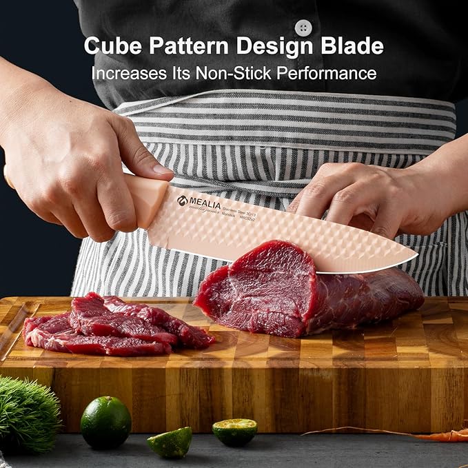 Kitchen Knife Set with Block, 6-Piece Non-stick Stainless Steel Sharp Knives Set for Precision Cutting with Universal Knife Block for Kitchen, Ergonomic Design & Dishwasher Safe, Pink