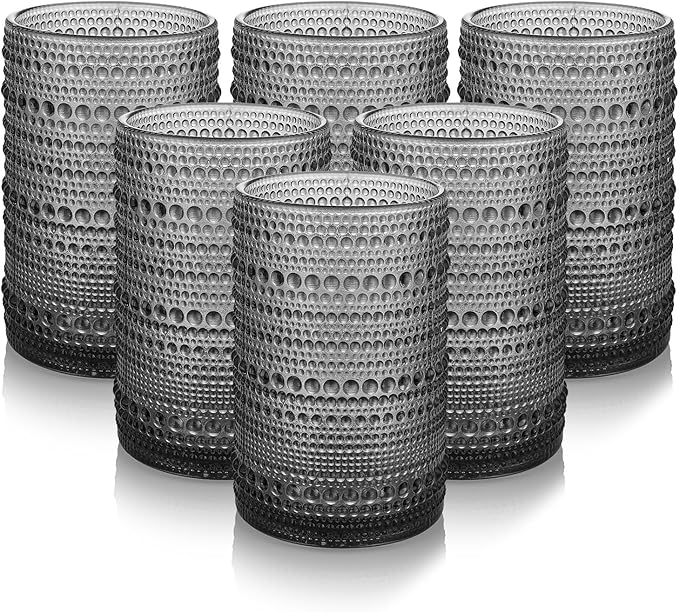 HomeVogue Hobnail Drinking Glasses Set of 6,15 oz Vintage Glassware Set Cocktail Glass Set, Embossed Grey Water Tumbler,for Beer, Whiskey,Juice and Various Mixed Drinks (15OZ Grey)