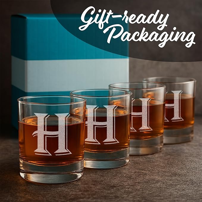 On The Rox [H-Monogram] - 4 Piece Set of 11 Ounce Engraved Heavy Base Rocks Whiskey Bourbon Glasses Elegant Glass-Multi-Purpose Beverage-Rocks Glass- Ideal Gift for any Occasion Drinks