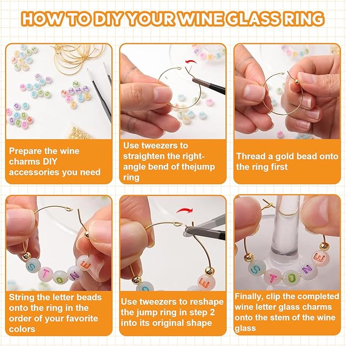 BLSUREFYX 30 Sets DIY Wine Glass Charms 650 Letter Beads 50 Heart-Shaped Bead 60 Golden Beads 30 Charm Rings 2 Tweezers Custom Charms Wine Glass Marker for Cocktail Party Decoration Luminous