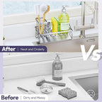 SWTYMIKI Sink Caddy Sponge Holder - Kitchen Sink Organizer with Stainless Steel Self Drain Tray & High Brush Holder for Countertop to Hold Dish Soaps and Sponges, Stainless Steel, Silver