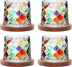 Rotatable Old Fashioned Glass, 275ml/10oz Crystal Whiskey Glass Set of 4, Wood Coaster, Thickening, Used as Rum Glass, Cocktail Cup, Coffee Cup, Milk Cup to Relax and Reduce Stress, Christmas gifts