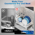 Dish Drying Rack, Stainless Steel-Dish Rack, Dish Racks for Kitchen Counter, Kitchen Dish Drainers with Removable Utensil Holder,New drain outlet,Plate Rack and Drainboard,(White-11" W x 15" L)