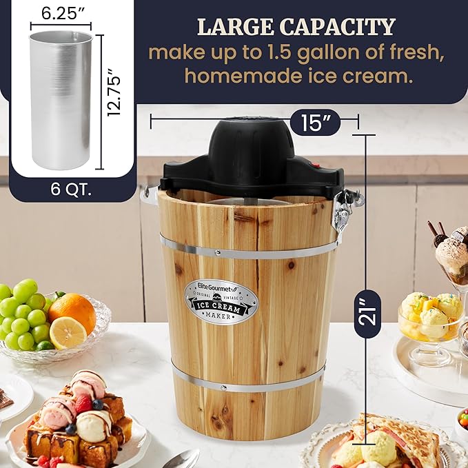 Elite Gourmet EIM916 Old Fashioned 6 Quart Vintage Wood Bucket Electric Ice Cream Maker Machine Appalachian, Bonus Classic Die-Cast Hand Crank for Churning, Uses Ice and Rock Salt