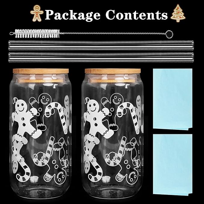 ANOTION Useful White Elephant Gifts for Adults Holiday - New Year Gift 18oz Christmas Coffee Mugs Glass Cups with Lids and Straws Gingerbread Tumbler Drinking Glassware Drinkware Gifts for Women
