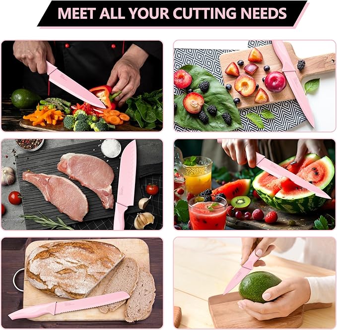 E-far Knife Set with Block, 15 Pieces Kitchen Knife Block Set with Sharpener, High Carbon Stainless Steel Sharp Chef Knife Set with Ergonomic Handles, Anti Rust, Pink