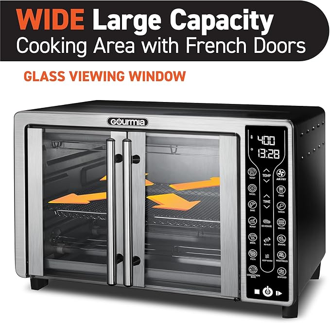 Gourmia French Door Air Fryer – 25 Qt Large Capacity Convection Oven, Fryfroce 360°, Digital Display with 17 Cooking Presets, Bake, Toast, Roast, Dehydrate, Fits 12” Pizza