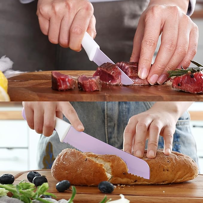 hecef 15 Pieces Kitchen Knife Set with Built-in Sharpening Wooden Block, Dishwasher Safe, High Carbon Stainless Steel Knife Block Set with Steak Knives, Kitchen Scissors, Purple