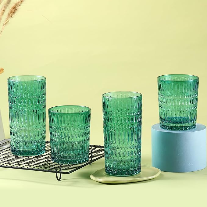Loivttvv Glassware Drinking Glasses Set of 8, 14 oz Highball Glasses & 10 oz Ribbed Glass Cups, Vintage Glassware for Water, Juice, Cocktail, Whiskey (Atroviens)
