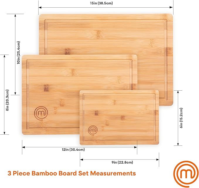 MasterChef Bamboo Cutting Boards for Kitchen, Wooden Cutting Board Set of 3, Natural, Organic & Food Safe Surface, Reversible Large, Medium & Small Wooden Chopping Boards with Juice Grooves