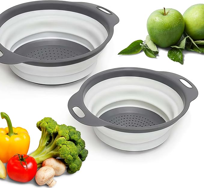 Round Silicone White Colander Collapsible – Foldable White Kitchen Strainer Small Collapsible Colander with Plastic Handles for Draining Vegetable and Fruit Silicone Kitchen Strainer for Pasta