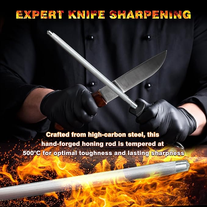 Knife Sharpener Rod, Kitchen Knives Sharpener Carbon Steel Professional Knife Sharpening Steel, Honing Rod with Hanging Holes (13 inches)