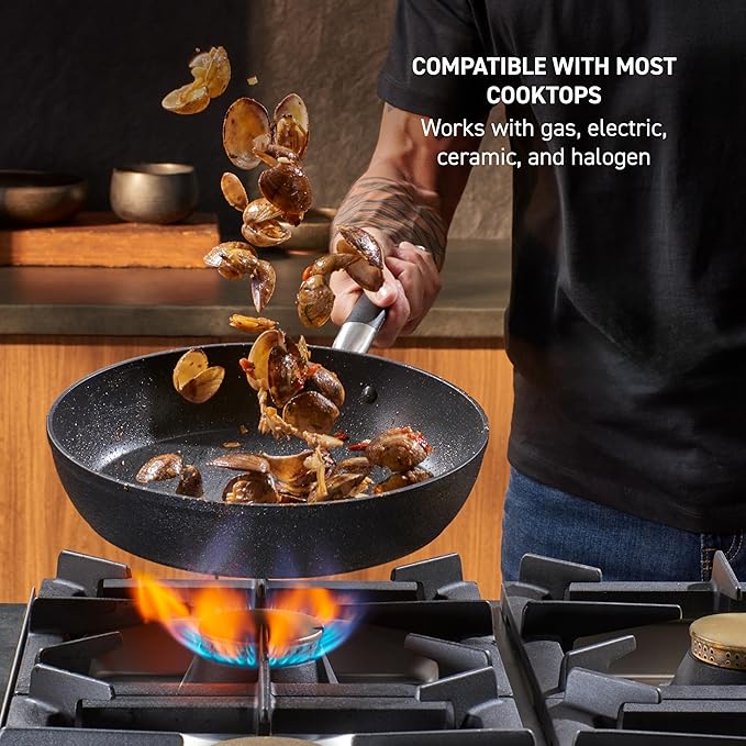 T-Fal Stone Force Platinum Non Stick Fry Pan 12 Inch, Oven Broiler Safe 400°F, Perfect for Frying, Sautéing, Searing, & Pan-Roasting, Cookware Skillet, Must Have, Pots & Pans, Dishwasher Safe, Black