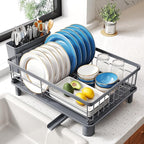 SNTD Dish Drying Rack - Small Dish Rack for Kitchen Counter, Stainless Steel Dish Drainer with Utensil Holder and Drainboard, 11" W x 15" L (Grey)