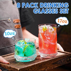 Vintage Drinking Glasses, Art Deco Glassware, Set of 8 Hand-Made Glass Cups-17oz Highball Glasses & 10oz Cocktail Glasses, Ribbed Glassware, Bar Tumbler Set, Kitchen Glass ware