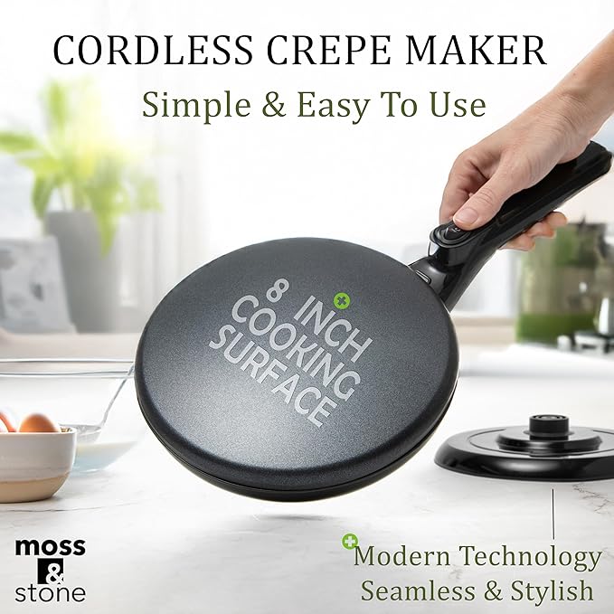 Moss & Stone Cordless Electric Crepe Maker With Auto Power Off, On/Off Switch & Dual Temperature Setting, 8 Inch Portable Crepe Maker & Non-Stick Dipping Plate, Nonstick Coating Pan