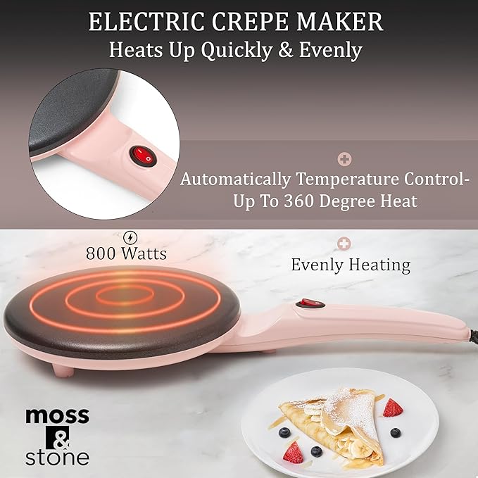 Moss & Stone Pink Electric Crepe Maker 8 Inch, Portable Crepe Maker & Hot Plate Cooktop On/Off Switch, Nonstick Coating, Automatic Temperature Control, Easy To Use For Pancakes, Blintz