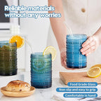 HomeVogue 15 oz Blue Hobnail Drinking Glasses with Straws Set of 6, Vintage Glassware Old Fashioned Beverage Glasses, Cocktail Glass Set, Kitchen Water Glasses Cup, for Beer, Smoothie, Juice