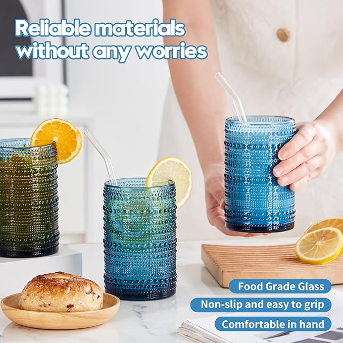 HomeVogue 15 oz Blue Hobnail Drinking Glasses with Straws Set of 6, Vintage Glassware Old Fashioned Beverage Glasses, Cocktail Glass Set, Kitchen Water Glasses Cup, for Beer, Smoothie, Juice