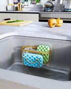 HapiRm Multifunctional Sponge Holder - 2 Installation Methods Sink Caddy with Unique M-Shaped, Stainless Steel Kitchen Sink Organizer for Sponge, Brush, Stopper and Scraper - Gold