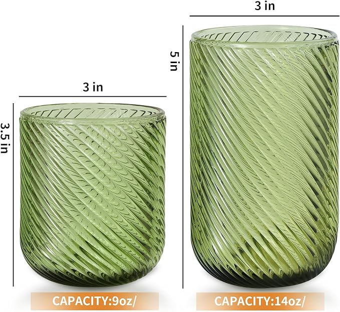 Set of 8 Ribbed Glassware,4 Highball Glasses 14oz & 4 Rocks Drinking Glasses 9oz, Origami Style, Fluted Design, for Milk, Water, Cocktail, Juice, Beer, ToothBrush Cup, Gif (Leaning Green)