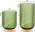 Set of 8 Ribbed Glassware,4 Highball Glasses 14oz & 4 Rocks Drinking Glasses 9oz, Origami Style, Fluted Design, for Milk, Water, Cocktail, Juice, Beer, ToothBrush Cup, Gif (Leaning Green)