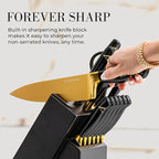 Personalized Black and Gold Knife Set with Block and Sharpener – 14-Piece Custom Engraved Titanium-Coated Gold Knives – Full Tang, Stainless Steel, Ergonomic, Gift-Ready