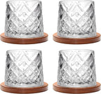 Rotatable Old Fashioned Glass, 275ml/10oz Crystal Whiskey Glass Set of 4, Wood Coaster, Thickening, Used as Rum Glass, Cocktail Cup, Coffee Cup, Milk Cup to Relax and Reduce Stress, Christmas gifts