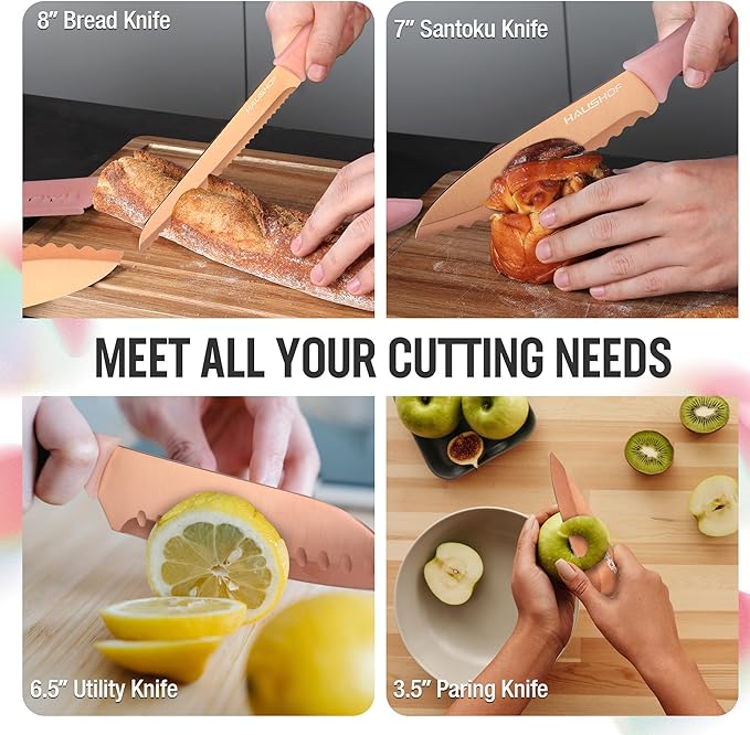 HAUSHOF Kitchen Knife Set, 12-Piece Pink Knife Set with 6 Blade Guards, Non-Stick Coated Stainless Steel Blades for Slicing, Dicing&Cutting, Gifts Knife Set for Dad, Mom, Husband and Wife