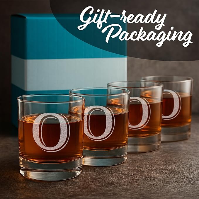 On The Rox (O-Monogram)- 4 Piece Set of 11 Ounce Engraved Heavy Base Rocks Glasses- Quality Elegant Glass-Multi-Purpose Beverage-Rocks Glass- For any Occasion Drinks