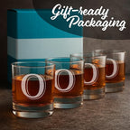 On The Rox (O-Monogram)- 4 Piece Set of 11 Ounce Engraved Heavy Base Rocks Glasses- Quality Elegant Glass-Multi-Purpose Beverage-Rocks Glass- For any Occasion Drinks