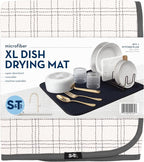 S&T INC. Dish Drying Mat XL, 18” x 24”, Absorbent Microfiber Kitchen Counter Mat, Dish Drying Pad for Dishes, Utensils, Pots and Pans, Extra Large, Stitched Plaid